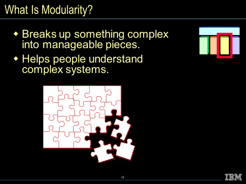 What Is Modularity? Breaks up something complex into manageable pieces. Helps people understand complex